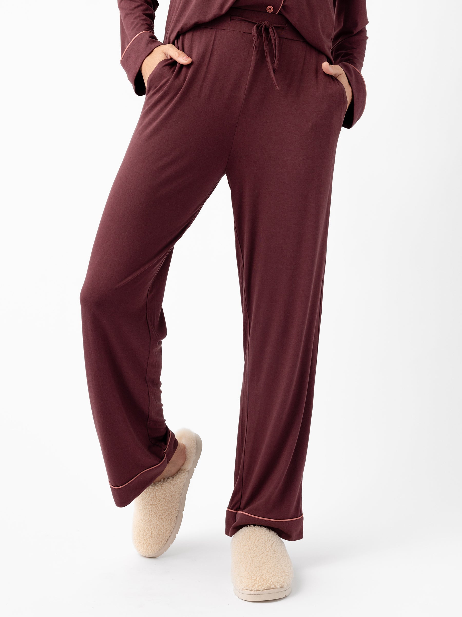 Woman wearing Women's Stretch-Knit Bamboo Pajama Pant in Burgundy |Color:Burgundy
